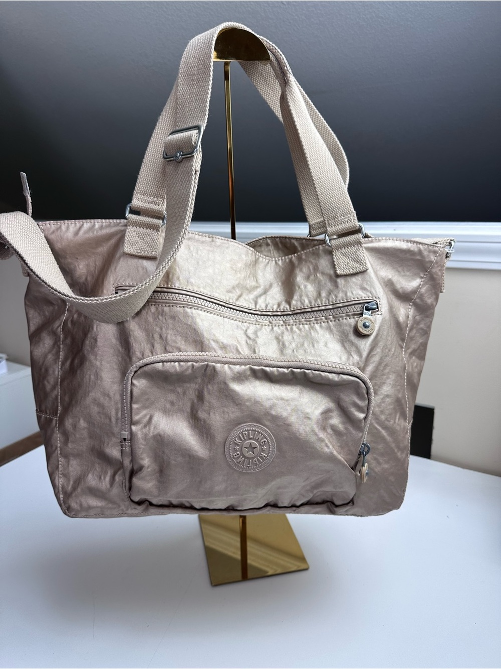 Kipling Gold Metallic Travel Bag Tote with Detachable Shoulder Strap